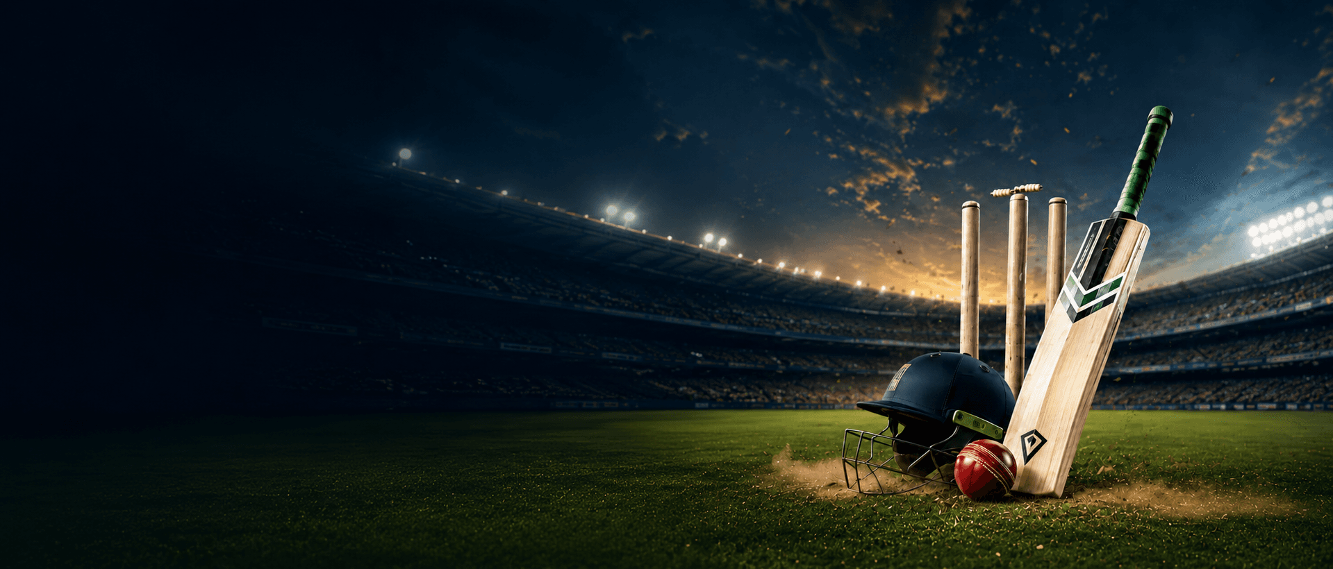 Cricket equipment in a floodlit stadium