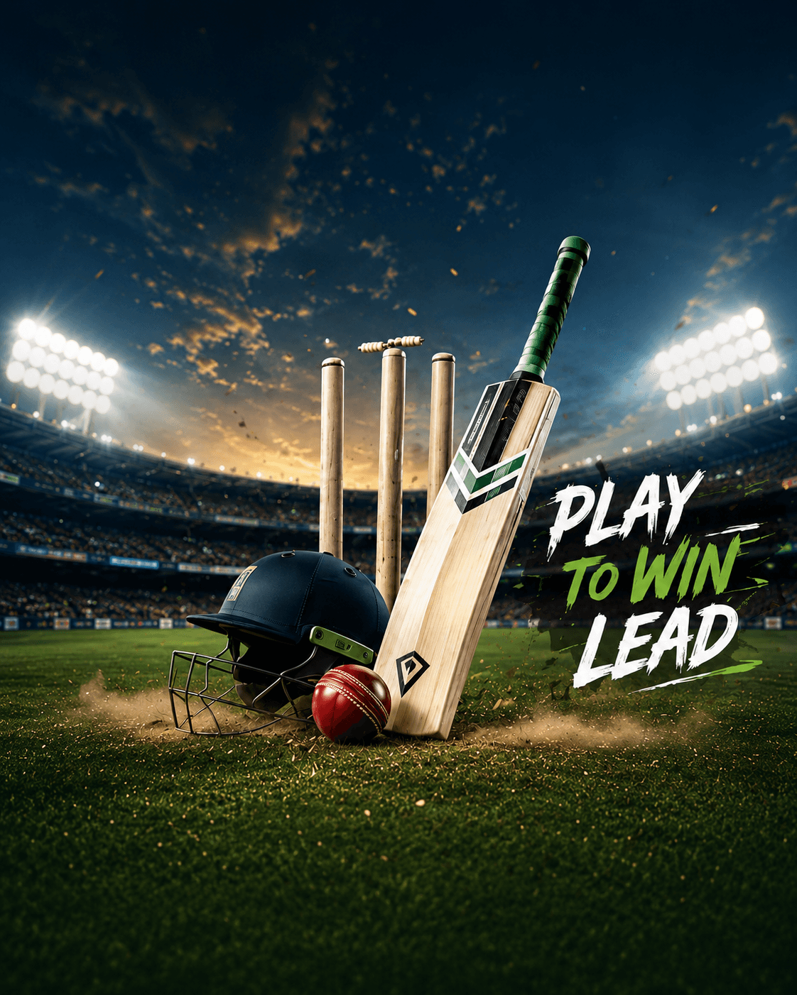 Cricket equipment in a floodlit stadium